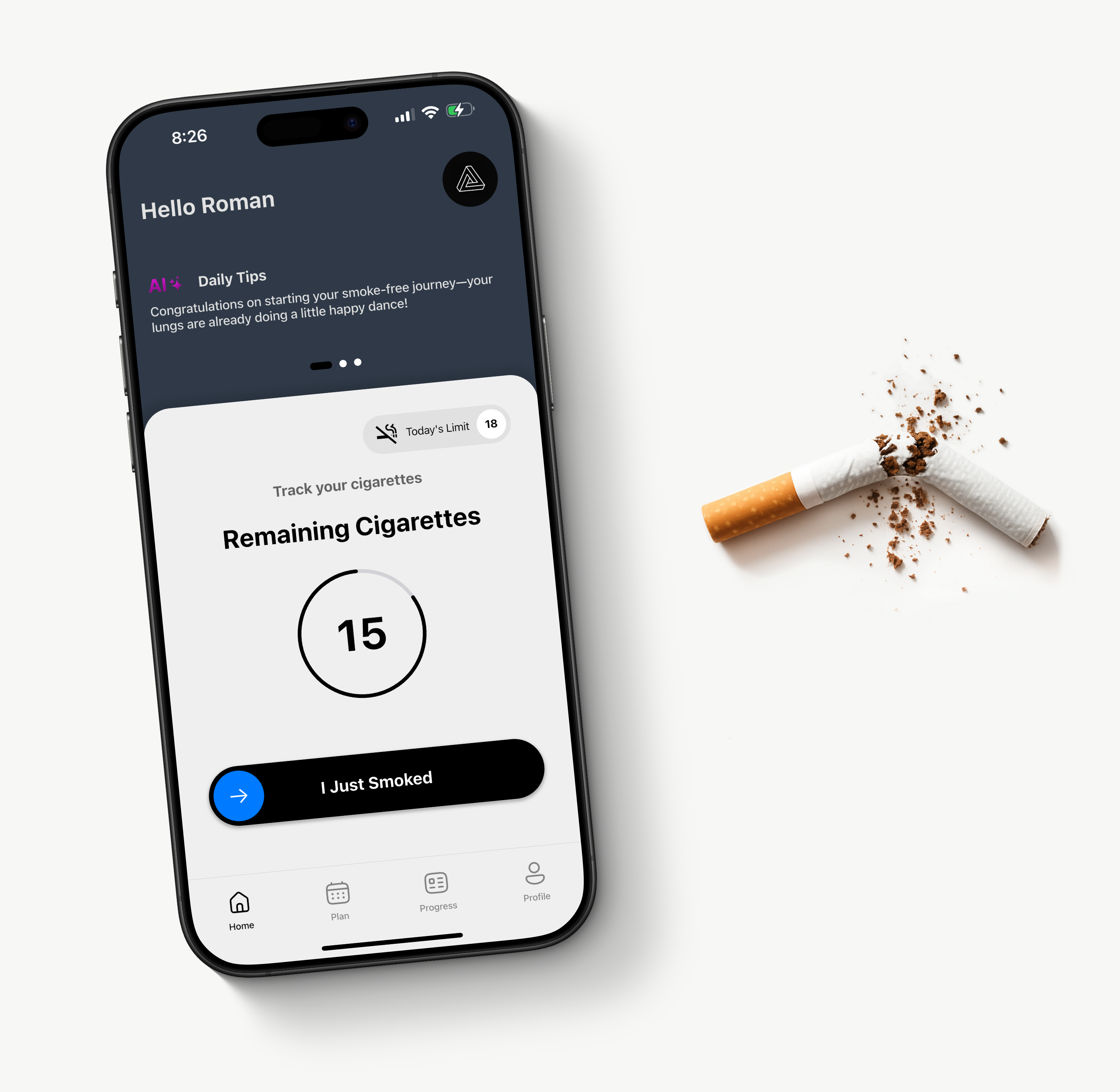 Smoke Free App hero image with phone home screen and broken cigarette